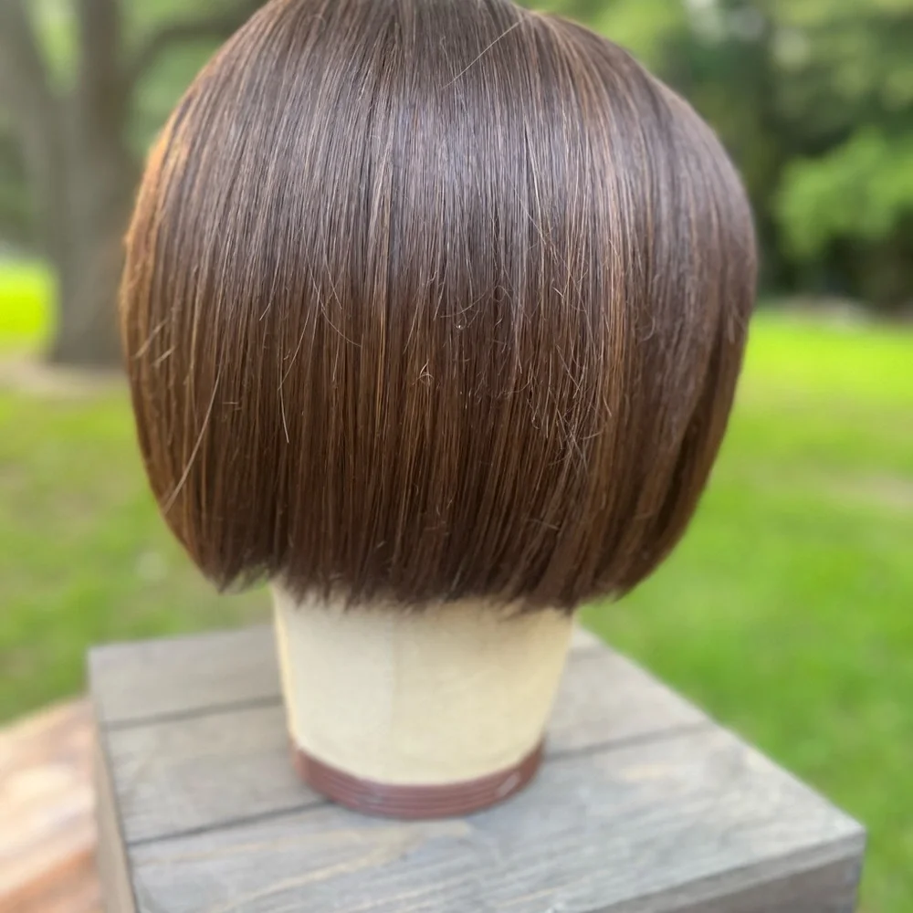 MEDIUM BROWN SYNTHETIC FIBER TOPPER BOB LENGTH WITH BANGS